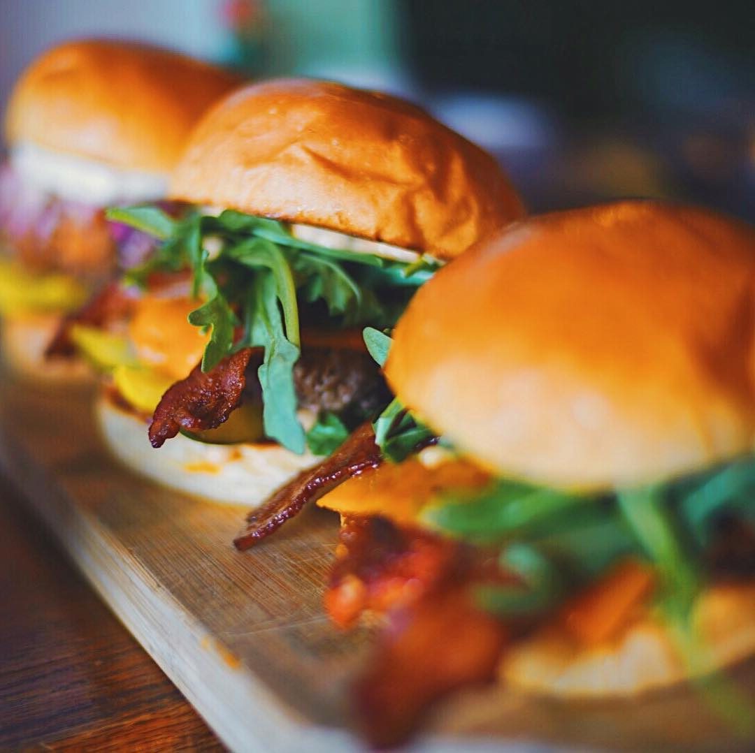 Close-up of stacked burgers